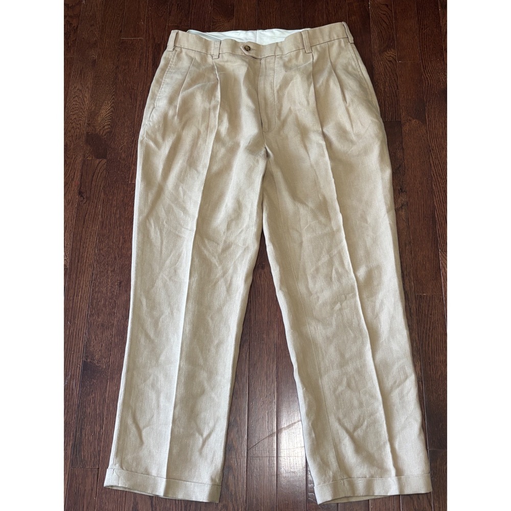 Jos. A. Bank Travelers Collection 100% Linen Pleated Cuffed Pants Tan 36x30